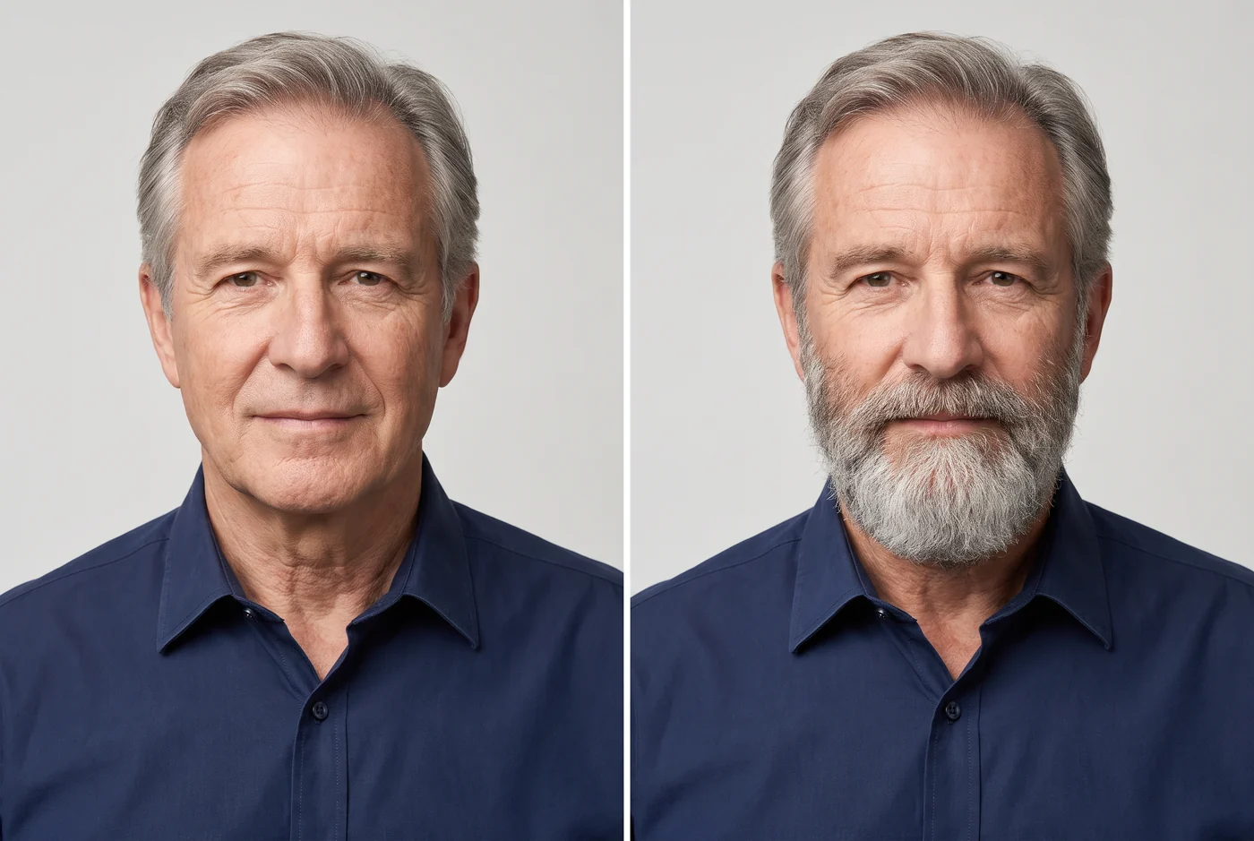 Before and after: a clean-shaven older man and the same man with a full salt-and-pepper beard added by AI