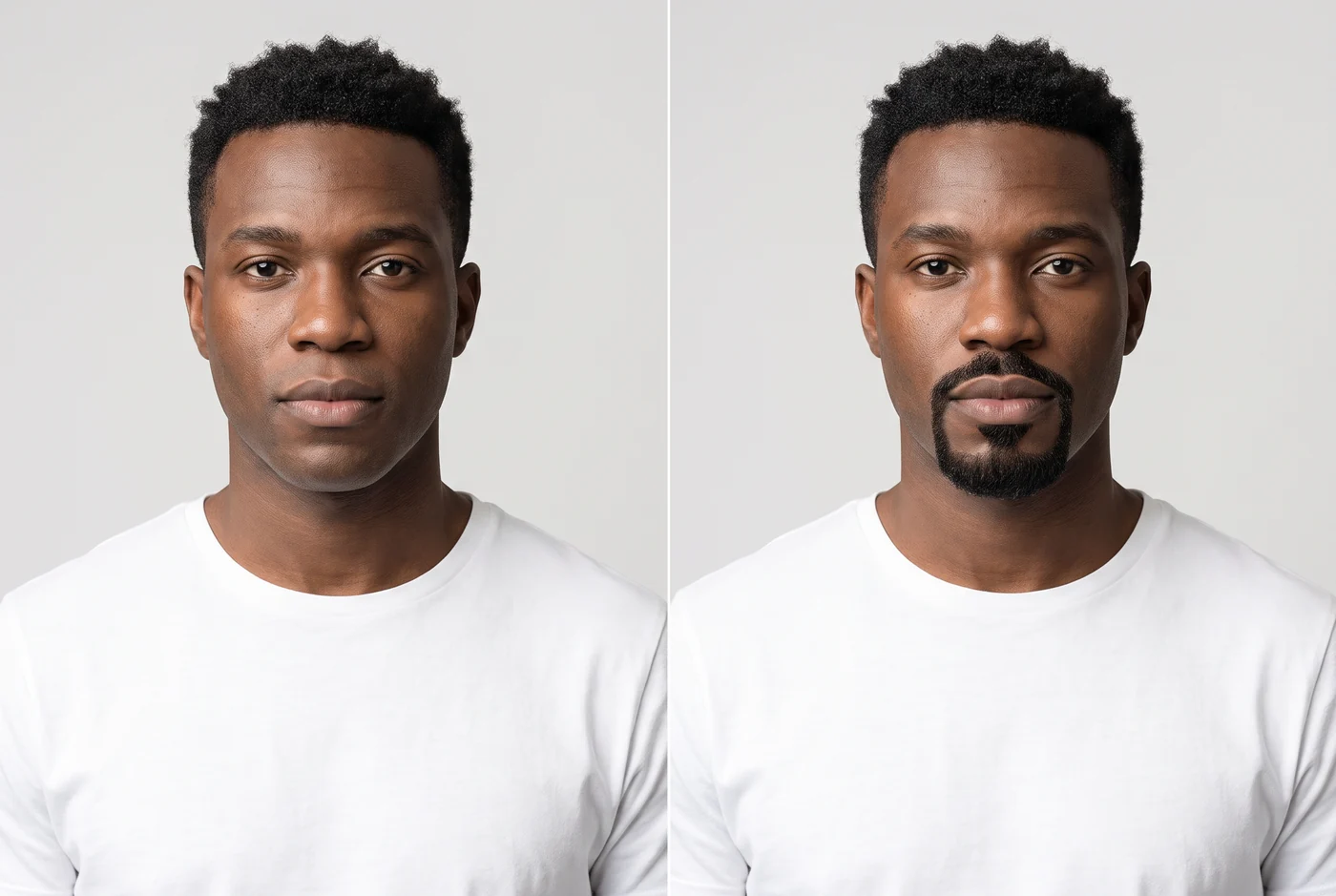 Before and after: a clean-shaven man and the same man wearing a lined goatee generated by the AI beard try-on