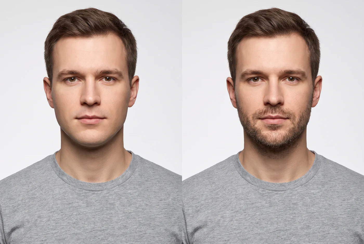 Before and after: a clean-shaven man and the same man with short stubble added by the AI beard simulator