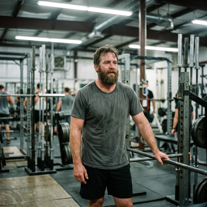 A bearded man photographed at the gym after training under cool overhead fluorescent light