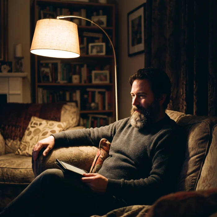 A bearded man photographed at home in the evening lit by a single warm lamp to one side