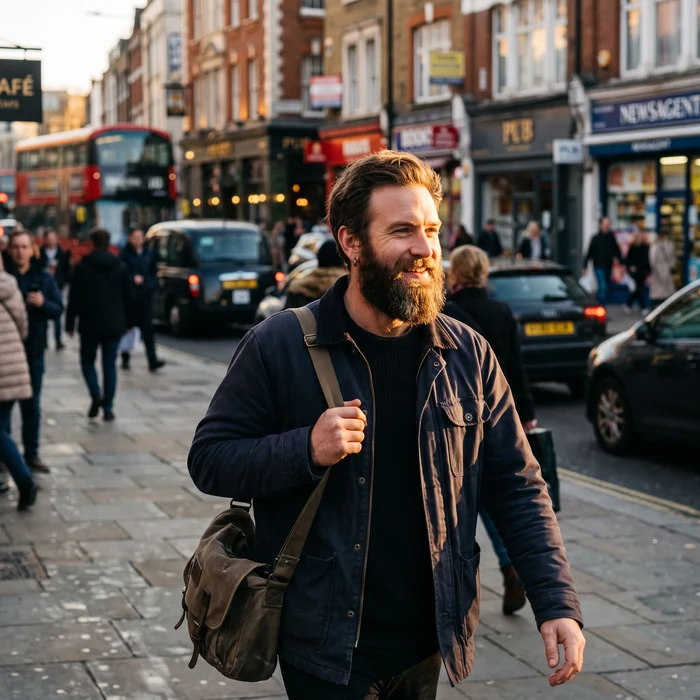 A bearded man photographed outdoors in late afternoon sun with one side of his face in shadow