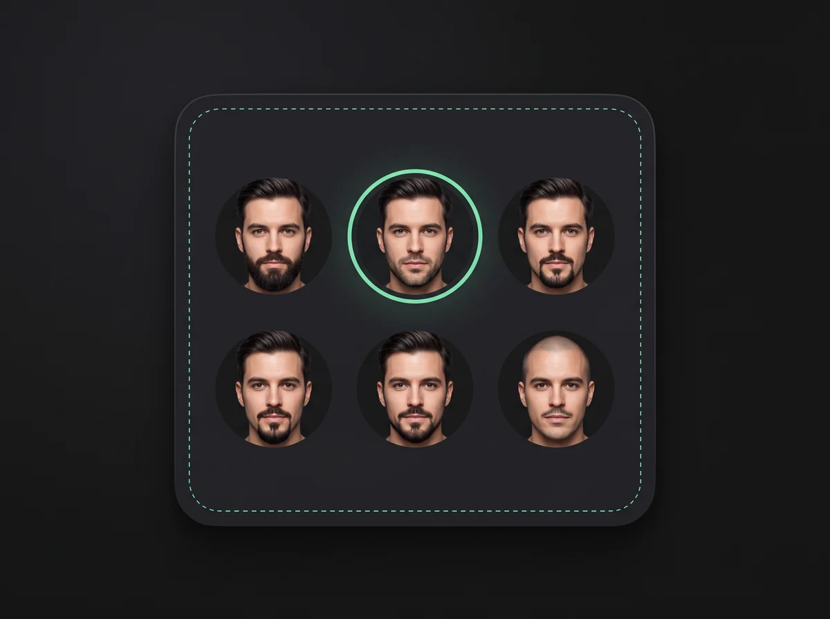 The beard style catalogue: circular previews of 40 beard styles with one selected