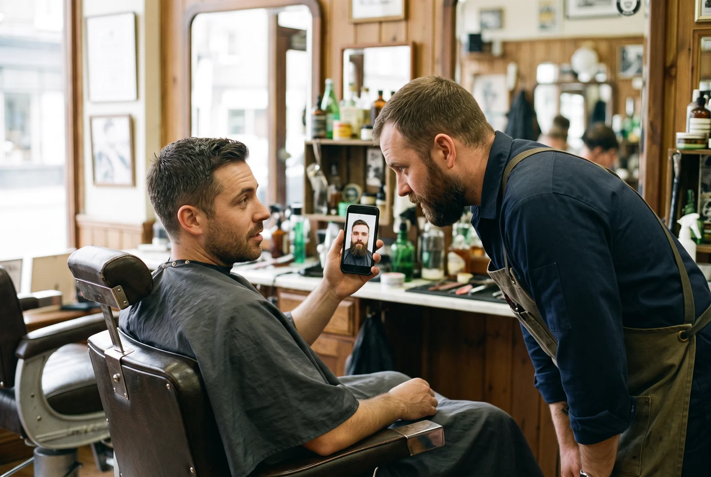 A man in a barber chair showing his barber a phone photo of himself wearing a full beard from the AI beard try-on