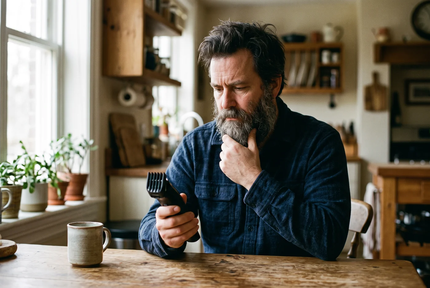 A bearded man at a kitchen table holding trimmers, deciding whether to trim his beard shorter