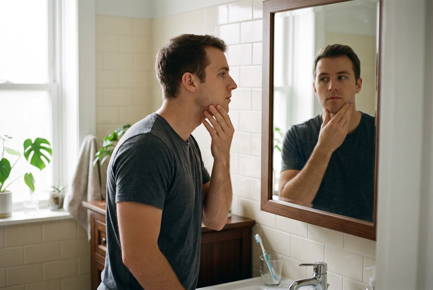 A clean-shaven man at a mirror touching his bare jaw, deciding whether to grow a beard