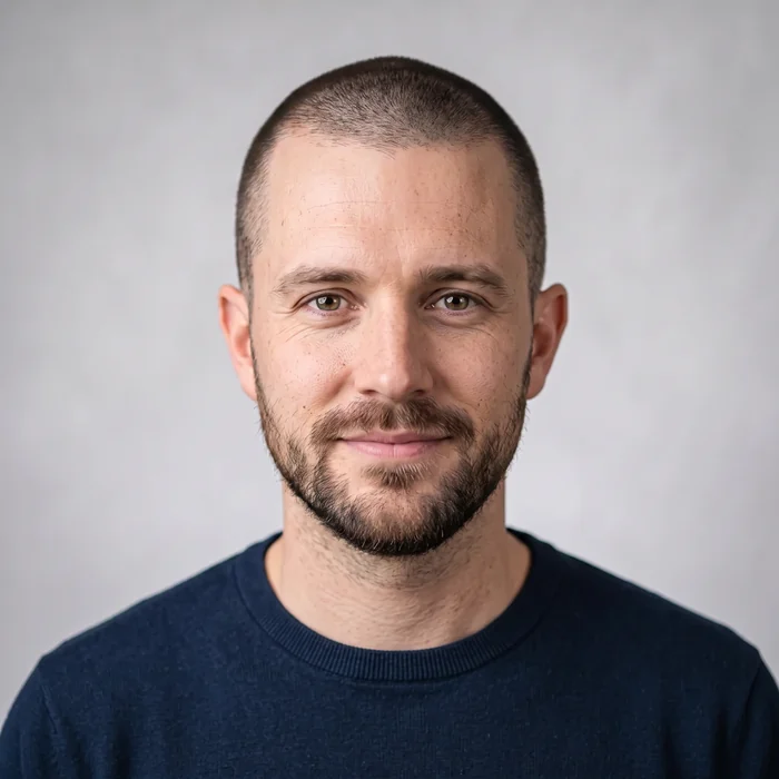Buzz cut hairstyle on the same man, showing the hairstyle simulator leaves his face unchanged
