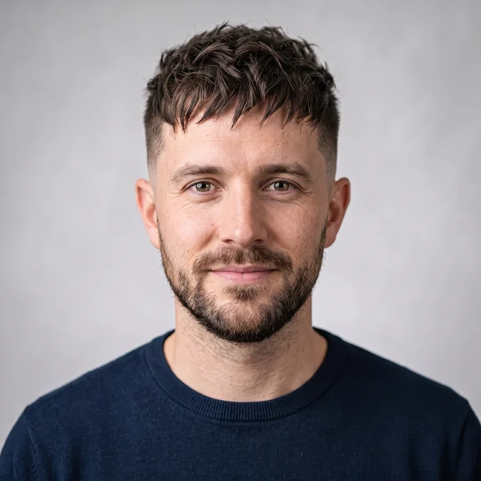 Textured crop hairstyle on the same man, generated by the AI hairstyle simulator