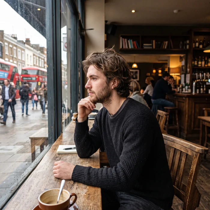 A man photographed sitting in a cafe, the kind of everyday photo the hairstyle generator accepts