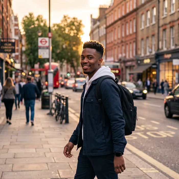 A man photographed outdoors at golden hour wearing a high skin fade hairstyle