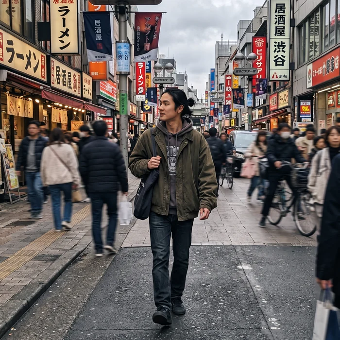 A candid street photo of a man with a longer hairstyle tied back, usable for trying on hairstyles