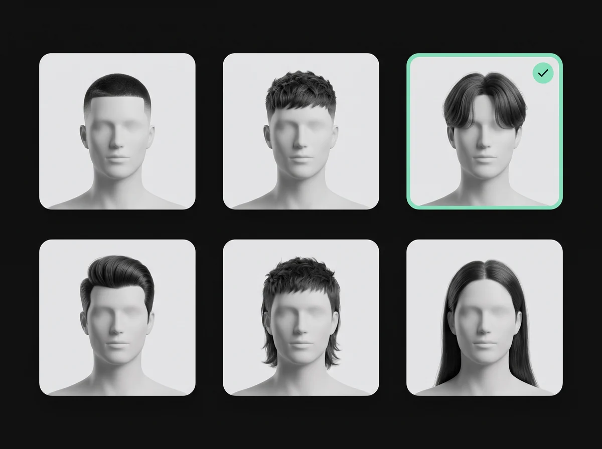 The hairstyle catalogue: reference cards for 28 hairstyles on mannequin heads with one hairstyle selected