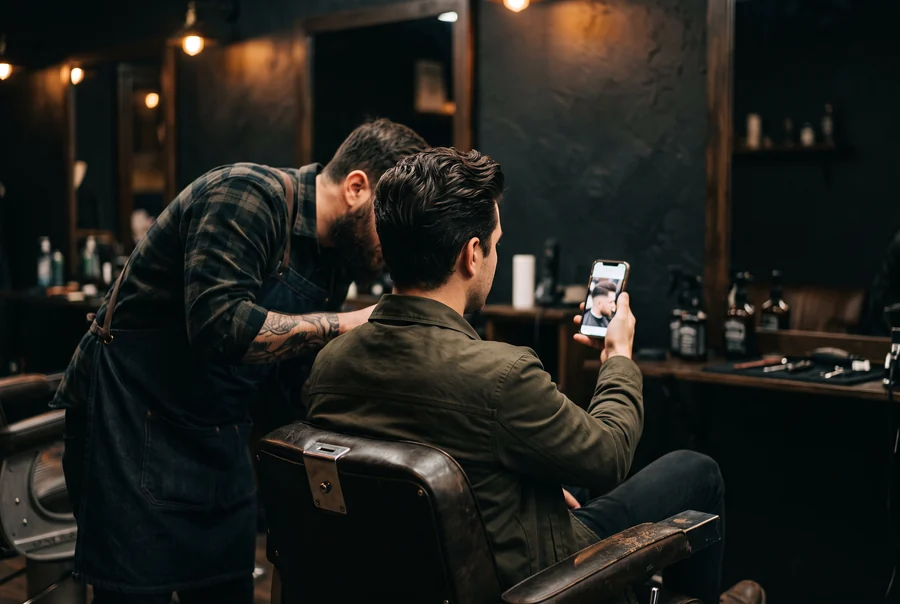 A man in a barber chair showing his barber a photo of the hairstyle he generated in the try-on