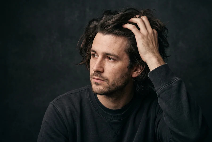 A man at the mid-length stage of growing his hair out, comparing longer hairstyles in the try-on