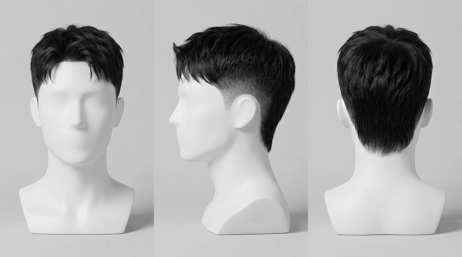 Burst Fade Mullet hairstyle shown from the front, side and back
