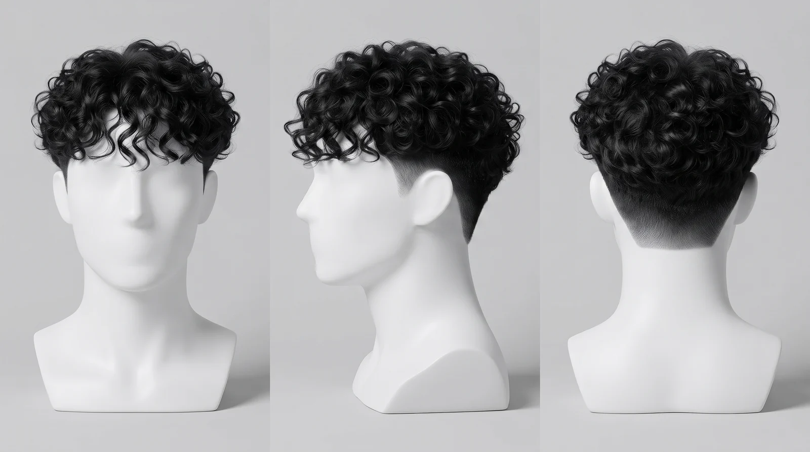 Curly Top with Fade shown from the front, side and back