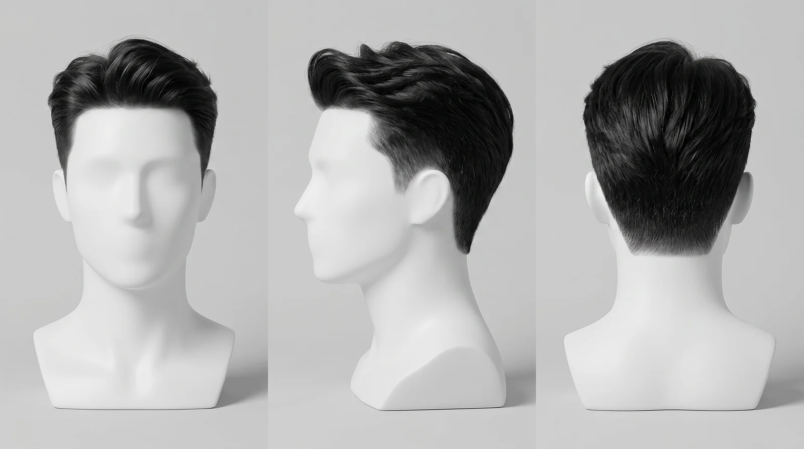 Quiff shown from the front, side and back