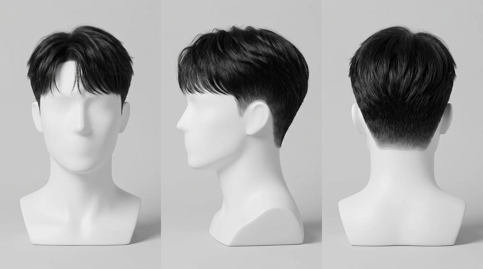 Korean Textured Taper Fade hairstyle shown from the front, side and back